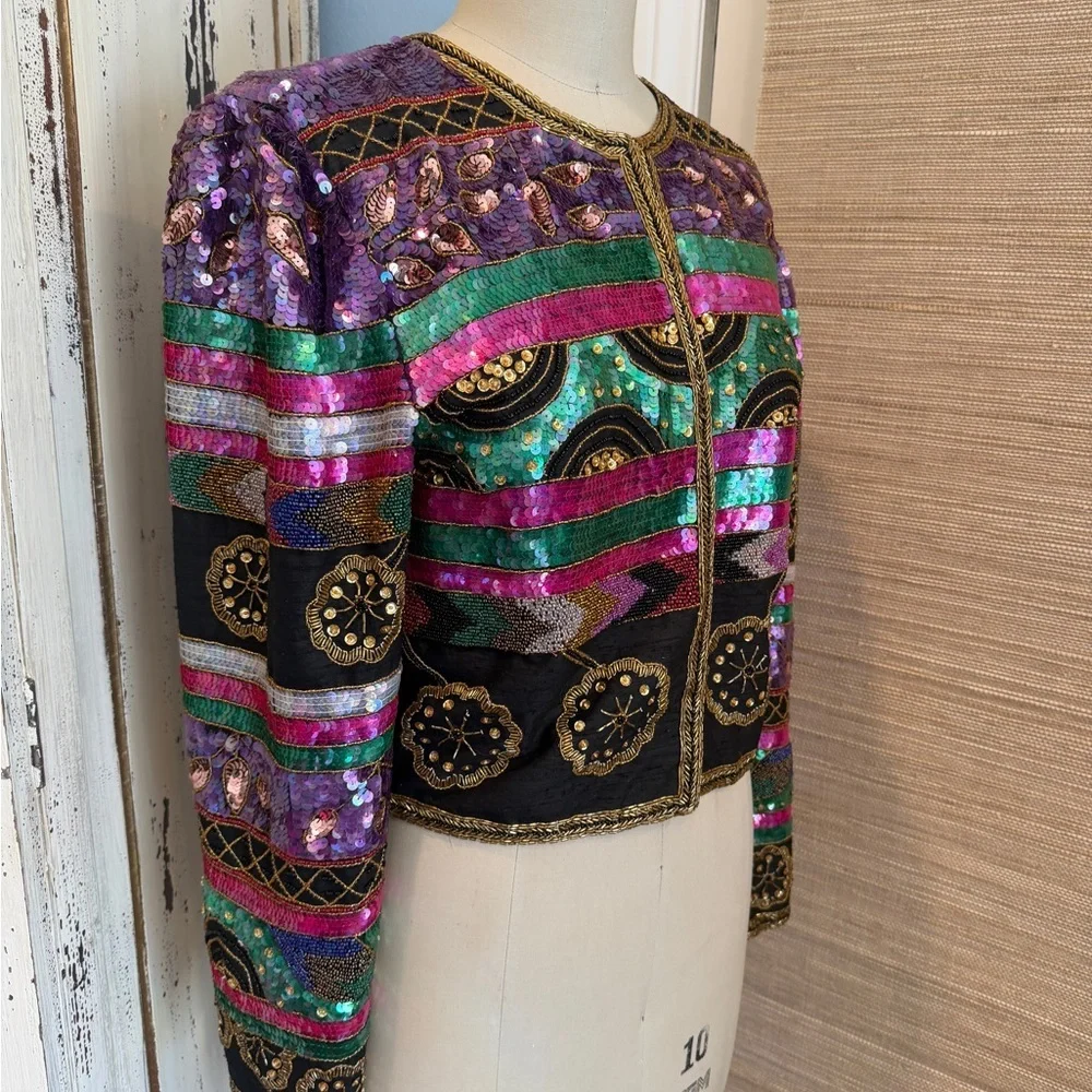 Colorful Vintage Embellished Silk Beaded Women's Jacket - Picture 2 of 8